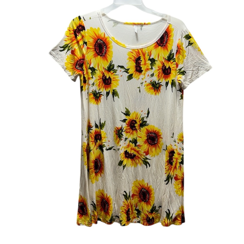 Popyoung Women Summer Casual Sunflower Print Flowy Swing Tunic Dress T -Shirt